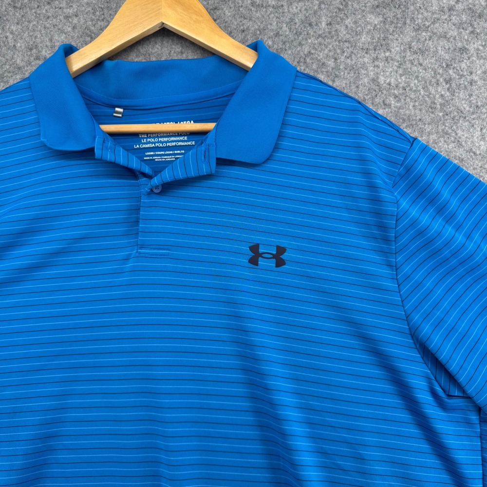 Under Armour Performance Polo Mens 2XLT Blue Striped Short Sleeve Shirt